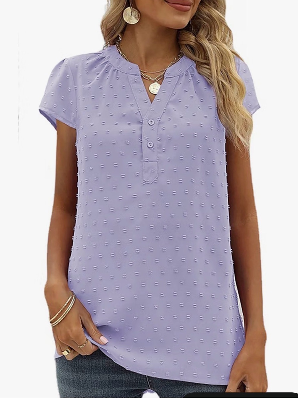 Casual Chiffon V Neck Dot Blouse in Light Purple, Size M